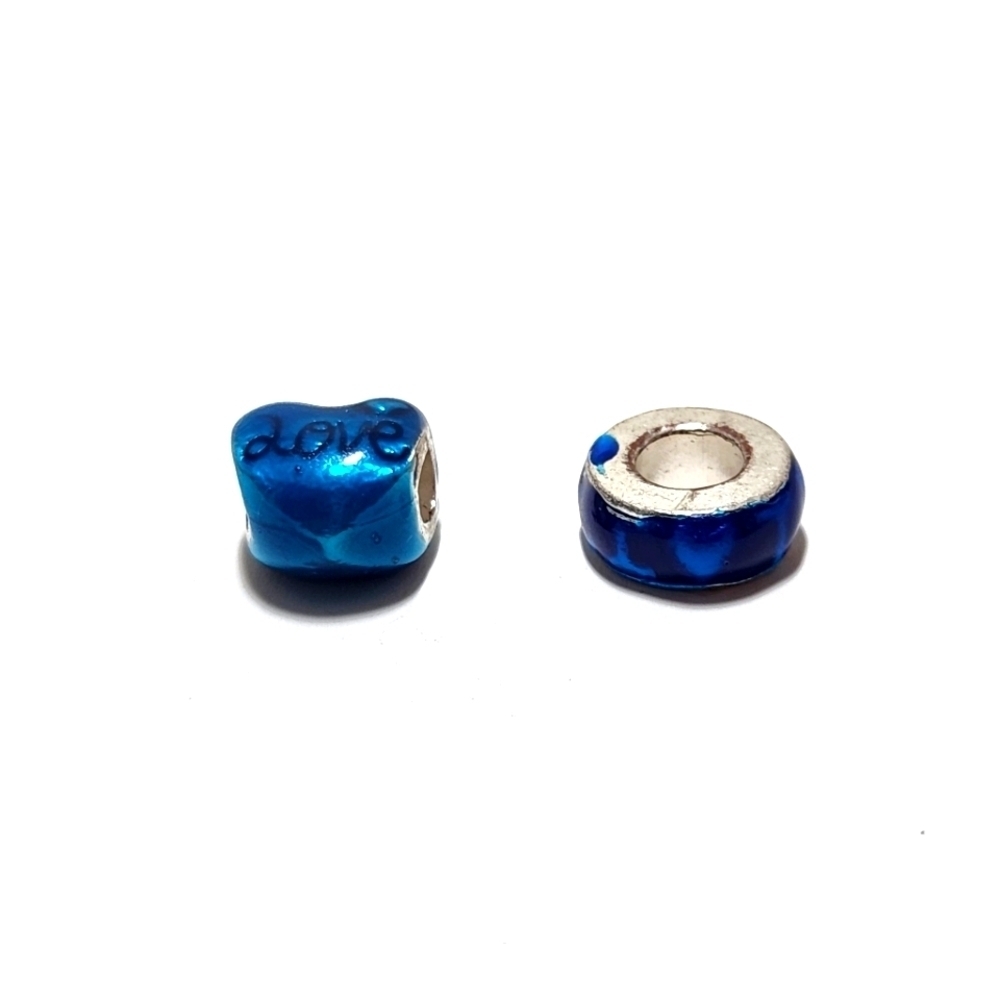 Pandora Style Murano Glass Charm Set Blue Heart Shape Says Love &  I Love Travel